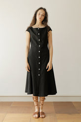 Black Linen Midi Dress with Cap Sleeves and Button-Front Closure for Classic Everyday Elegance