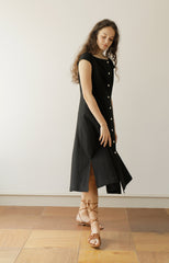 Black Linen Midi Dress with Cap Sleeves and Button-Front Closure for Classic Everyday Elegance