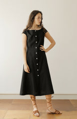 Black Linen Midi Dress with Cap Sleeves and Button-Front Closure for Classic Everyday Elegance