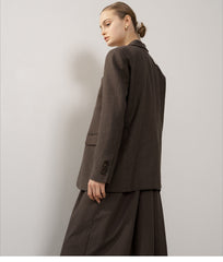 Tailored Longline Button-Front Linen Blazer with Notched Lapels and Belt Detail