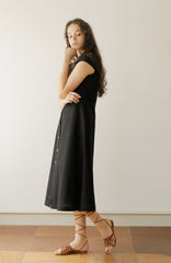 Black Linen Midi Dress with Cap Sleeves and Button-Front Closure for Classic Everyday Elegance