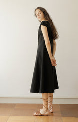 Black Linen Midi Dress with Cap Sleeves and Button-Front Closure for Classic Everyday Elegance