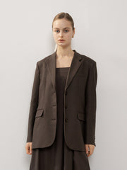 Tailored Longline Button-Front Linen Blazer with Notched Lapels and Belt Detail