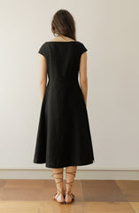Black Linen Midi Dress with Cap Sleeves and Button-Front Closure for Classic Everyday Elegance