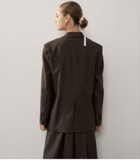 Tailored Longline Button-Front Linen Blazer with Notched Lapels and Belt Detail