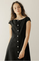 Black Linen Midi Dress with Cap Sleeves and Button-Front Closure for Classic Everyday Elegance