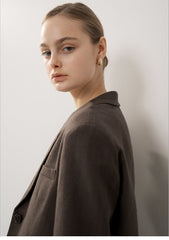 Tailored Longline Button-Front Linen Blazer with Notched Lapels and Belt Detail