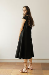 Black Linen Midi Dress with Cap Sleeves and Button-Front Closure for Classic Everyday Elegance