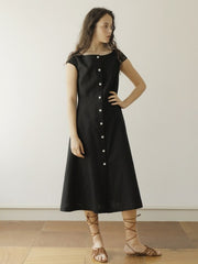 Black Linen Midi Dress with Cap Sleeves and Button-Front Closure for Classic Everyday Elegance