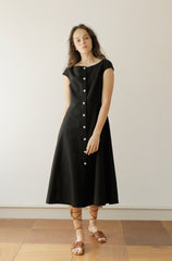 Black Linen Midi Dress with Cap Sleeves and Button-Front Closure for Classic Everyday Elegance