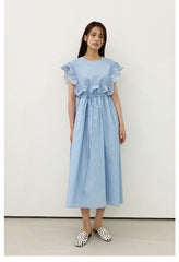 Sleeveless Ruffle Trim Midi Dress in Breathable Lightweight Linen with Adjustable Waist Tie