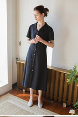 Short-Sleeve Linen Shirt Dress With Front Button Closure And A-Line Silhouette For Everyday Style