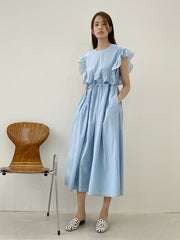 Sleeveless Ruffle Trim Midi Dress in Breathable Lightweight Linen with Adjustable Waist Tie