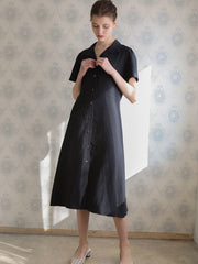 Short-Sleeve Linen Shirt Dress With Front Button Closure And A-Line Silhouette For Everyday Style