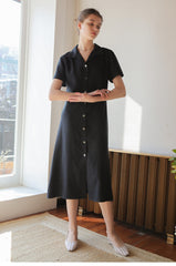 Short-Sleeve Linen Shirt Dress With Front Button Closure And A-Line Silhouette For Everyday Style