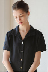 Short-Sleeve Linen Shirt Dress With Front Button Closure And A-Line Silhouette For Everyday Style