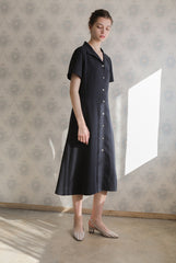 Short-Sleeve Linen Shirt Dress With Front Button Closure And A-Line Silhouette For Everyday Style