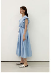 Sleeveless Ruffle Trim Midi Dress in Breathable Lightweight Linen with Adjustable Waist Tie