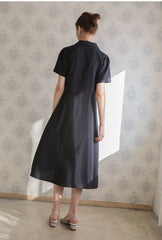 Short-Sleeve Linen Shirt Dress With Front Button Closure And A-Line Silhouette For Everyday Style