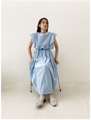 Sleeveless Ruffle Trim Midi Dress in Breathable Lightweight Linen with Adjustable Waist Tie