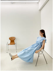 Sleeveless Ruffle Trim Midi Dress in Breathable Lightweight Linen with Adjustable Waist Tie