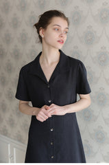 Short-Sleeve Linen Shirt Dress With Front Button Closure And A-Line Silhouette For Everyday Style