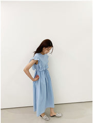 Sleeveless Ruffle Trim Midi Dress in Breathable Lightweight Linen with Adjustable Waist Tie
