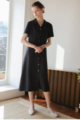 Short-Sleeve Linen Shirt Dress With Front Button Closure And A-Line Silhouette For Everyday Style