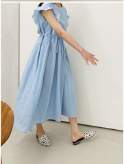 Sleeveless Ruffle Trim Midi Dress in Breathable Lightweight Linen with Adjustable Waist Tie