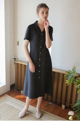 Short-Sleeve Linen Shirt Dress With Front Button Closure And A-Line Silhouette For Everyday Style