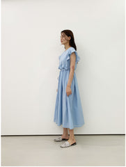 Sleeveless Ruffle Trim Midi Dress in Breathable Lightweight Linen with Adjustable Waist Tie