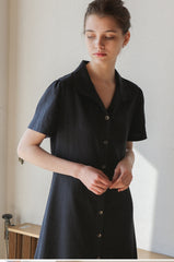 Short-Sleeve Linen Shirt Dress With Front Button Closure And A-Line Silhouette For Everyday Style