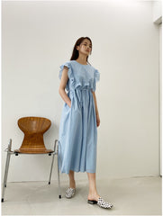 Sleeveless Ruffle Trim Midi Dress in Breathable Lightweight Linen with Adjustable Waist Tie