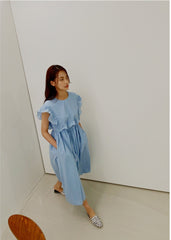 Sleeveless Ruffle Trim Midi Dress in Breathable Lightweight Linen with Adjustable Waist Tie