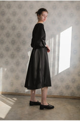 Long-Sleeve Linen Midi Dress With Square Neckline, Waist Tie, And Front Button Detailing