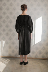 Long-Sleeve Linen Midi Dress With Square Neckline, Waist Tie, And Front Button Detailing