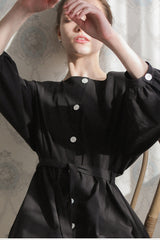 Long-Sleeve Linen Midi Dress With Square Neckline, Waist Tie, And Front Button Detailing