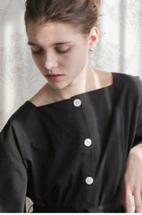 Long-Sleeve Linen Midi Dress With Square Neckline, Waist Tie, And Front Button Detailing