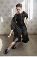 Long-Sleeve Linen Midi Dress With Square Neckline, Waist Tie, And Front Button Detailing