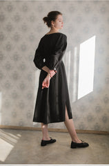 Long-Sleeve Linen Midi Dress With Square Neckline, Waist Tie, And Front Button Detailing