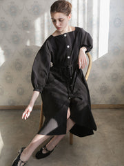 Long-Sleeve Linen Midi Dress With Square Neckline, Waist Tie, And Front Button Detailing