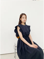 Sleeveless Ruffled Midi Linen Dress with Waist Tie and Flared Skirt for Summer Styling