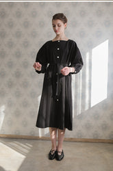 Long-Sleeve Linen Midi Dress With Square Neckline, Waist Tie, And Front Button Detailing