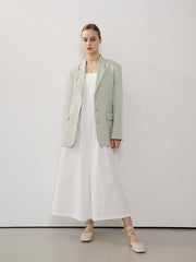 Tailored Longline Linen Blazer with Notch Lapels and Button Cuffs for Effortless Elegance