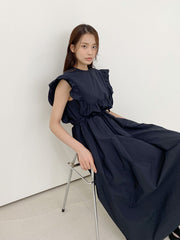 Sleeveless Ruffled Midi Linen Dress with Waist Tie and Flared Skirt for Summer Styling