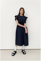 Sleeveless Ruffled Midi Linen Dress with Waist Tie and Flared Skirt for Summer Styling