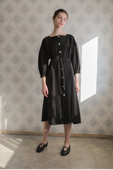 Long-Sleeve Linen Midi Dress With Square Neckline, Waist Tie, And Front Button Detailing