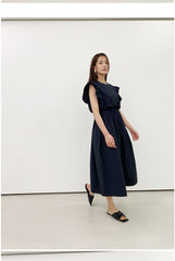 Sleeveless Ruffled Midi Linen Dress with Waist Tie and Flared Skirt for Summer Styling