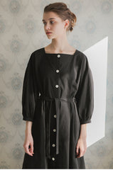 Long-Sleeve Linen Midi Dress With Square Neckline, Waist Tie, And Front Button Detailing