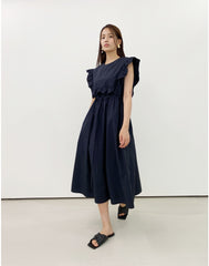 Sleeveless Ruffled Midi Linen Dress with Waist Tie and Flared Skirt for Summer Styling